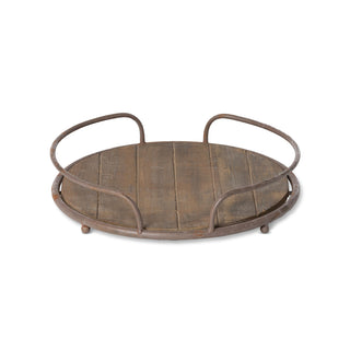 Round Wooden Tray with Iron Handles - 15.5"L x 15.5"W x 3.5"H