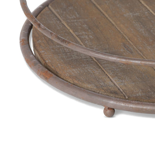 Round Wooden Tray with Iron Handles - 15.5"L x 15.5"W x 3.5"H