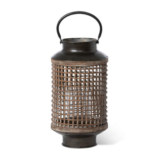 Fir Wood and Bamboo Mesh Round Lantern, 7"L x 7"W x 16.25"H