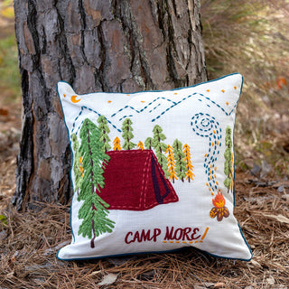 Campsite Appliqued Cotton Pillow, 18"L x 18"W x 0.5"H