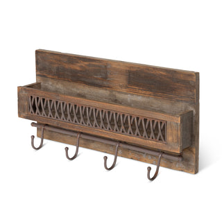 Wood & Iron Lattice Shelf Rack with Hooks, 27.75"L x 7"W x 15"H